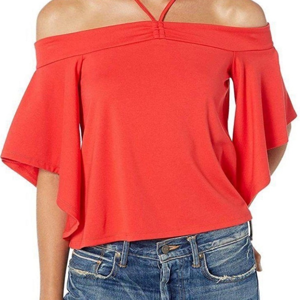 BCBGMaxazria Scarlet Crop Off Shoulder Halter Top Blouse Bold Red Size Small